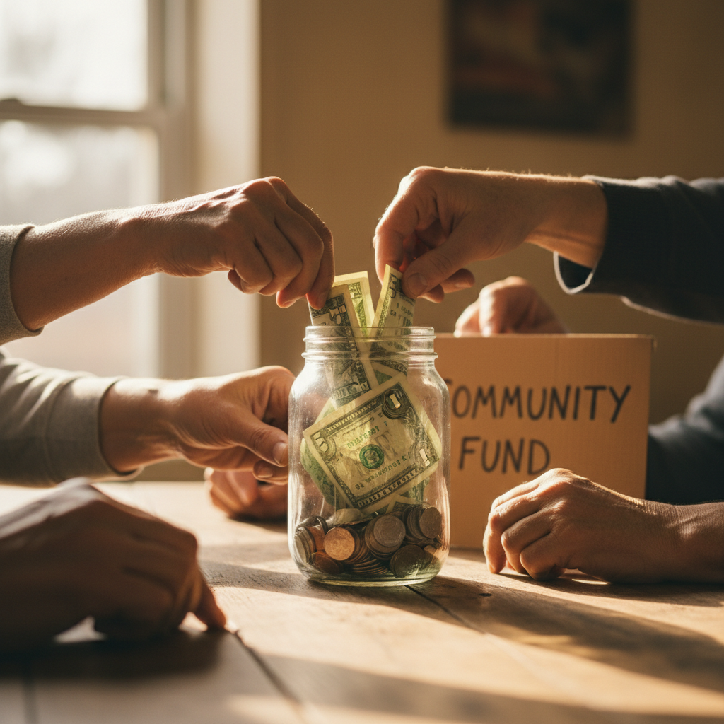 Diverse hands placing dollar bills into transparent jar on wooden table with natural window light