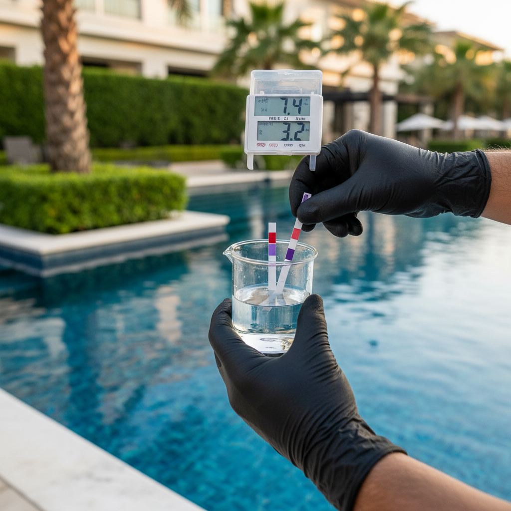 Technician's hands testing pool water chemistry with pH and chlorine meter in crystal-clear pool water
