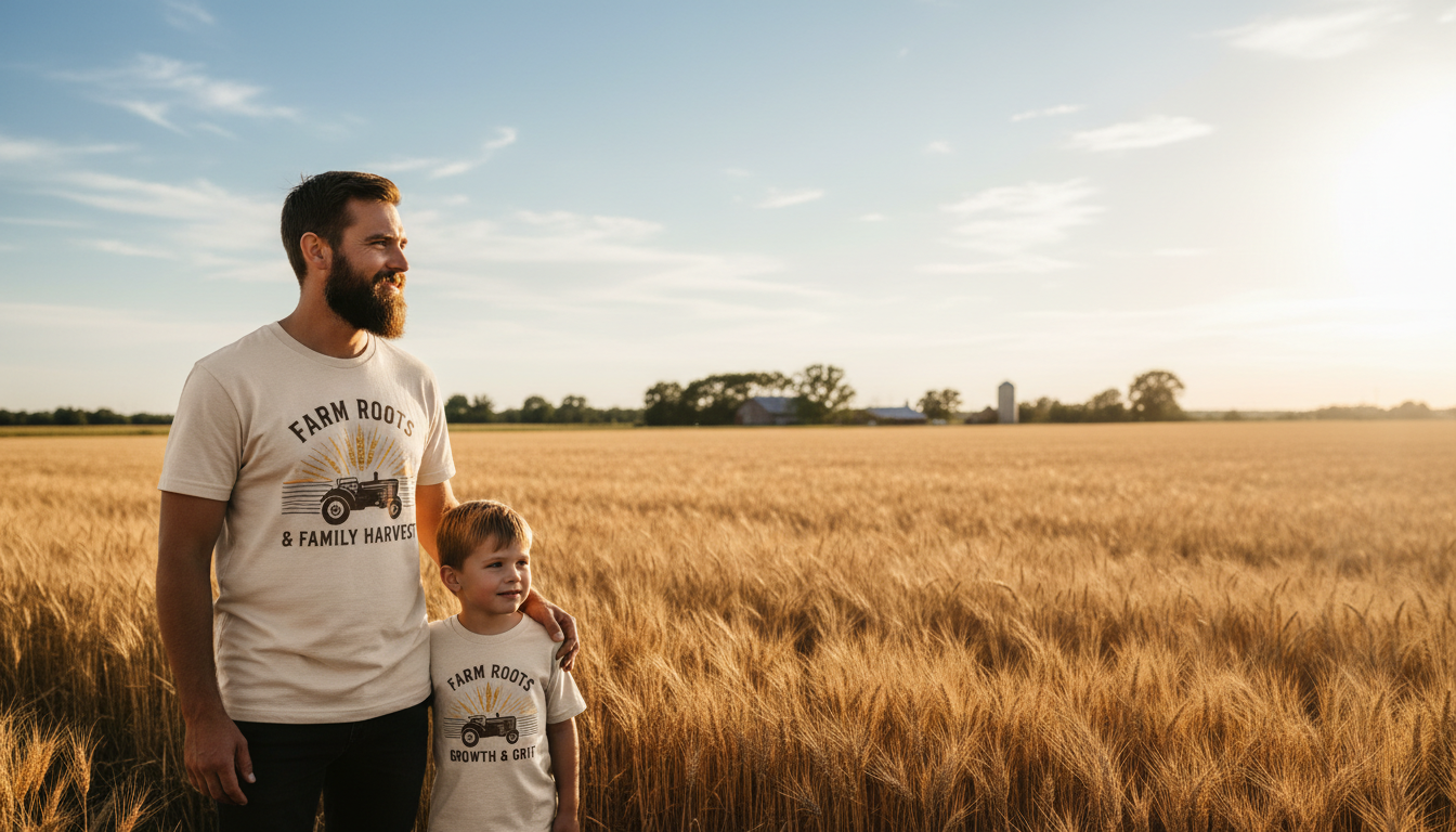 Father and son wearing matching heritage t-shirts stand together in golden wheat field at sunset, celebrating agricultural family traditions