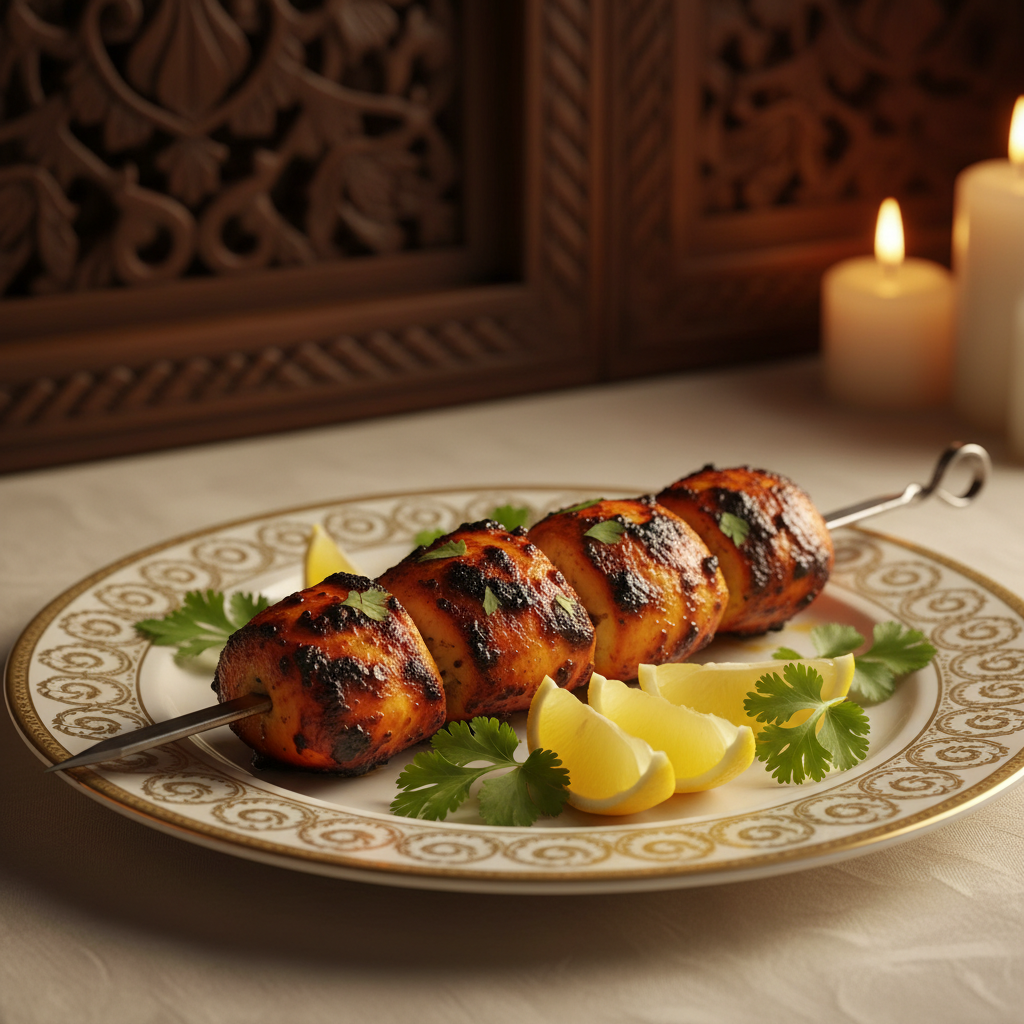 Elegantly plated tandoori chicken skewer with gold-trimmed ceramic dish, garnished with cilantro and lemon in warm candlelight