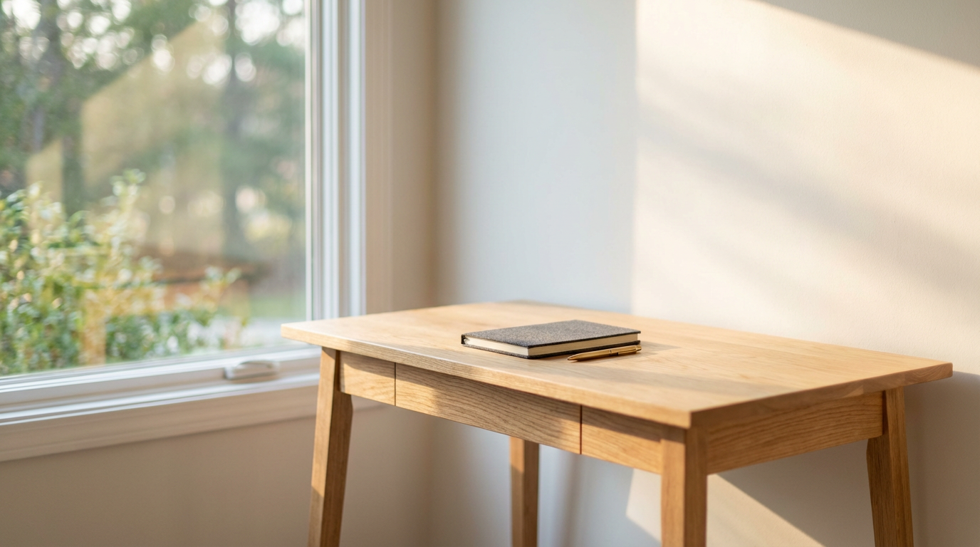 Sunlit minimalist workspace with notebook and pen on wooden desk, warm golden light streaming through window. Sunlit minimalist workspace with notebook and pen on wooden desk, warm golden light streaming through window.