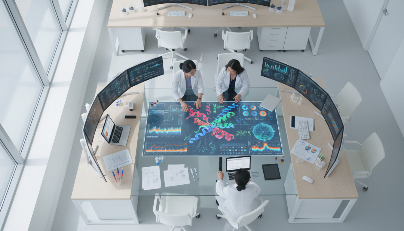 Team of scientists collaborating at display table analyzing protein structures and genomic data visualizations in modern research environment Team of scientists collaborating at display table analyzing protein structures and genomic data visualizations in modern research environment