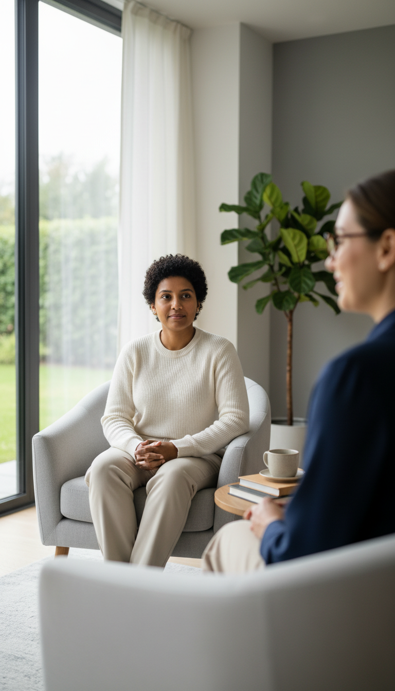 Client sitting peacefully in therapy office during counseling session with therapist