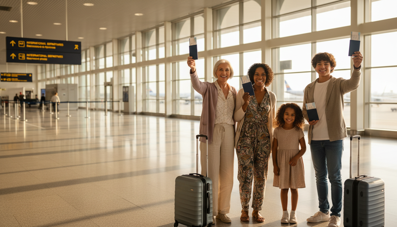 Diverse multi-generational family smiling with passports and tickets at airport terminal, ready for vacation