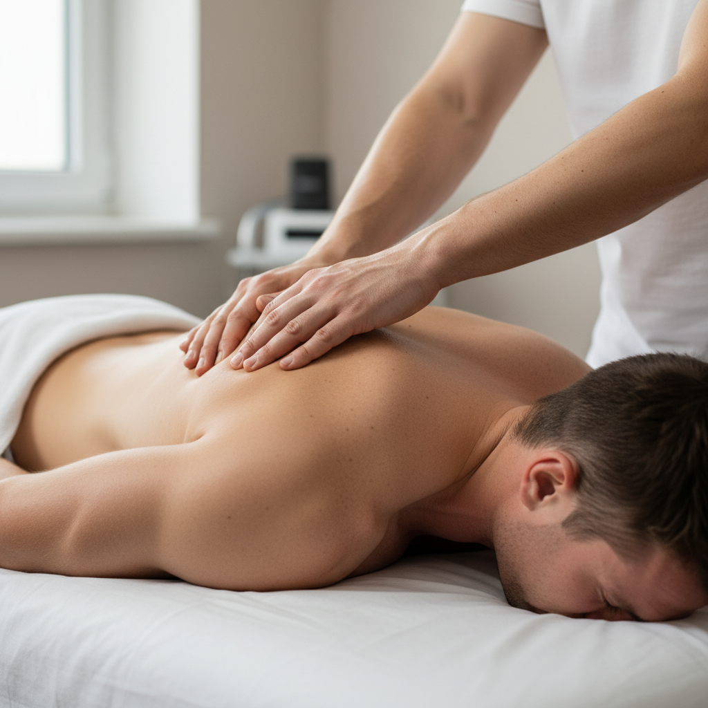 Sports massage therapist performing deep tissue massage on athlete's shoulder and back with precise hand techniques