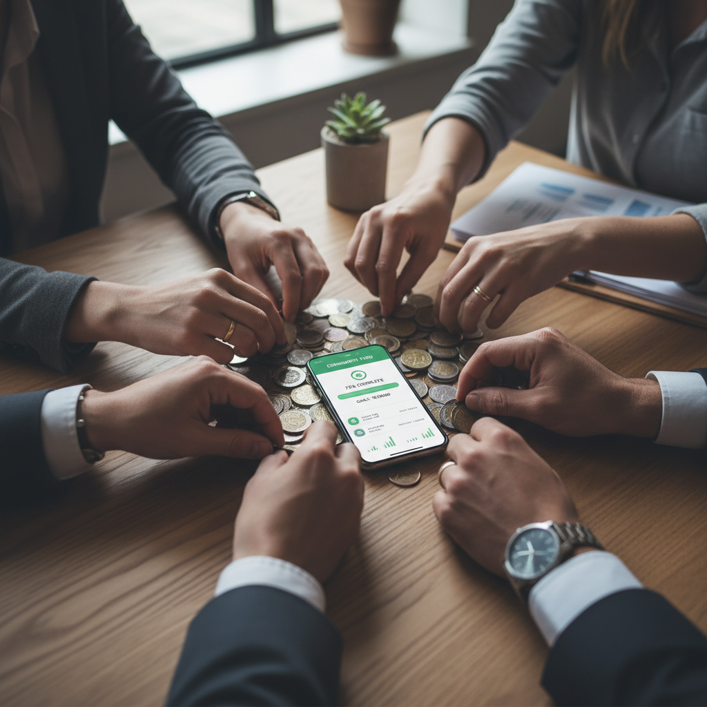 Diverse group of hands arranged in circle contributing coins and cash to center, with savings app on smartphone visible. Diverse group of hands arranged in circle contributing coins and cash to center, with savings app on smartphone visible.