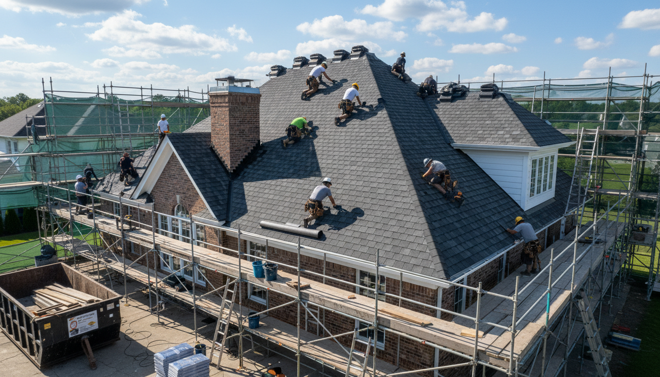 Professional roofing team installing new roof system on residential home, showing full scope of replacement project Professional roofing team installing new roof system on residential home, showing full scope of replacement project