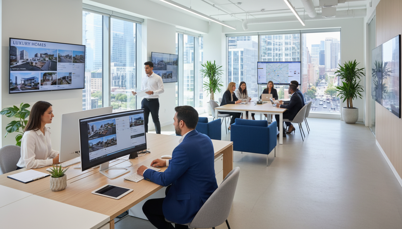 Modern real estate office with multiple agents working, client consultation visible, property listings on digital displays, bright natural window light