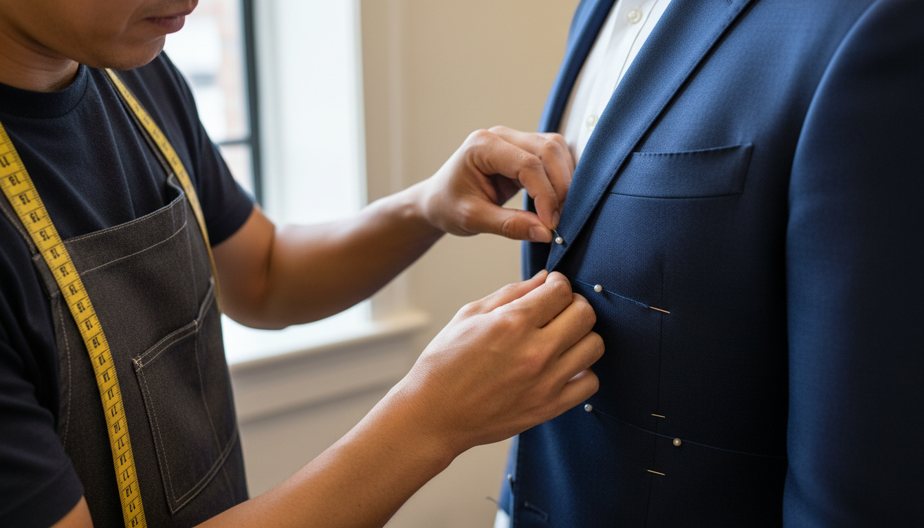 Tailor's hands carefully measuring and pinning navy wool fabric on client during fitting session with natural window light