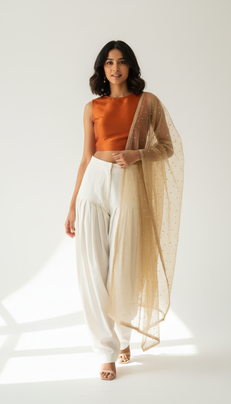 Young woman confidently wearing modern fusion Indian outfit with salwar and crop top against white studio background