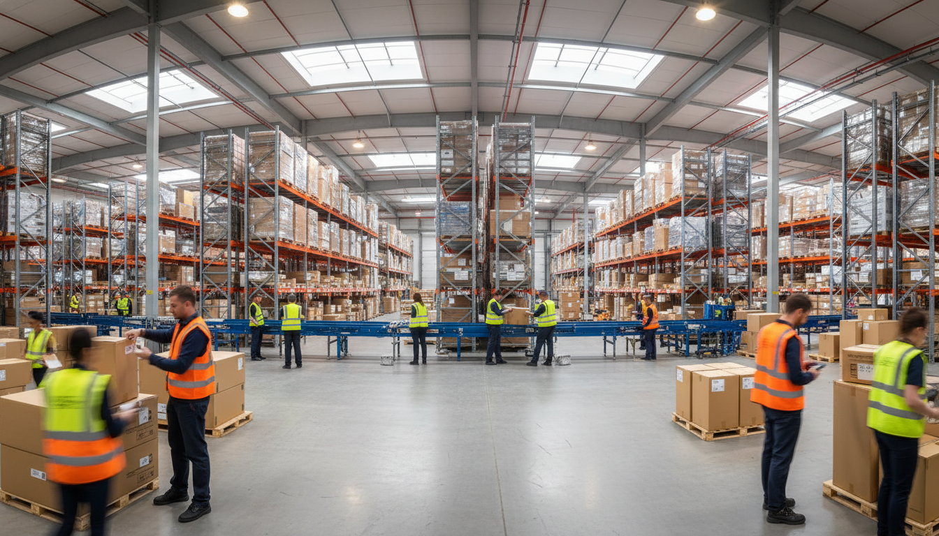 Warehouse workers in safety vests organizing packages on industrial shelving with natural light streaming through skylights