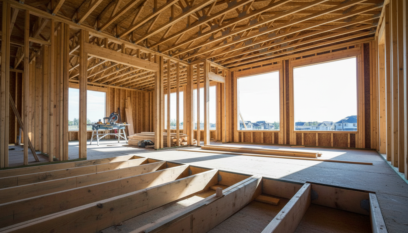 Impact fees, soil reports, and landscaping requirements are costs many budgets fail to anticipate. Modern residential home under construction with framing and structural details visible on a clear day