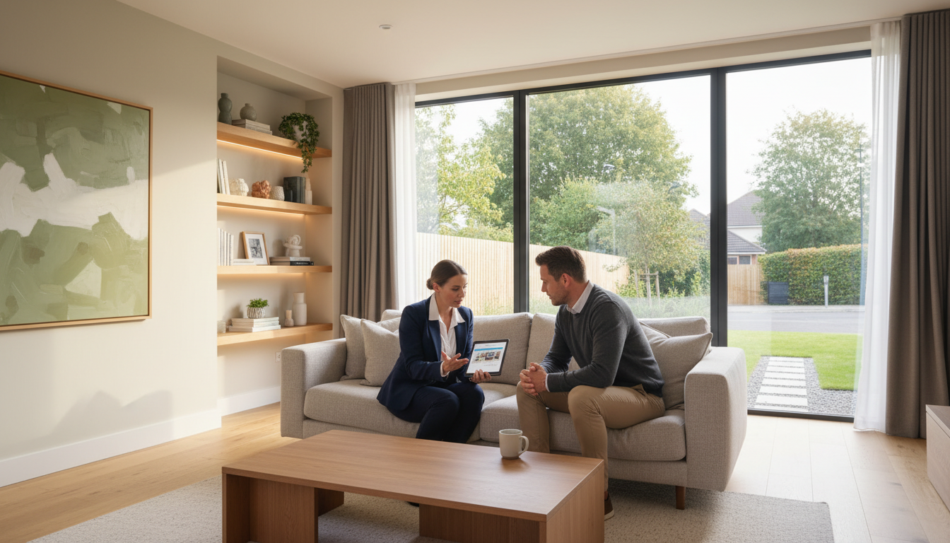 Estate agent consulting with homeowner in modern living room, discussing property details on tablet with natural light from large windows Estate agent consulting with homeowner in modern living room, discussing property details on tablet with natural light from large windows