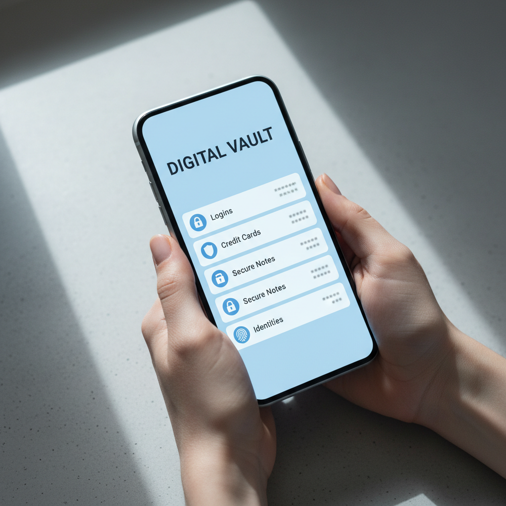 Hands holding a smartphone showing a digital password vault app with saved logins and secure notes, illustrating how a Liverpool user can manage passwords safely Hands holding a smartphone showing a digital password vault app with saved logins and secure notes, illustrating how a Liverpool user can manage passwords safely