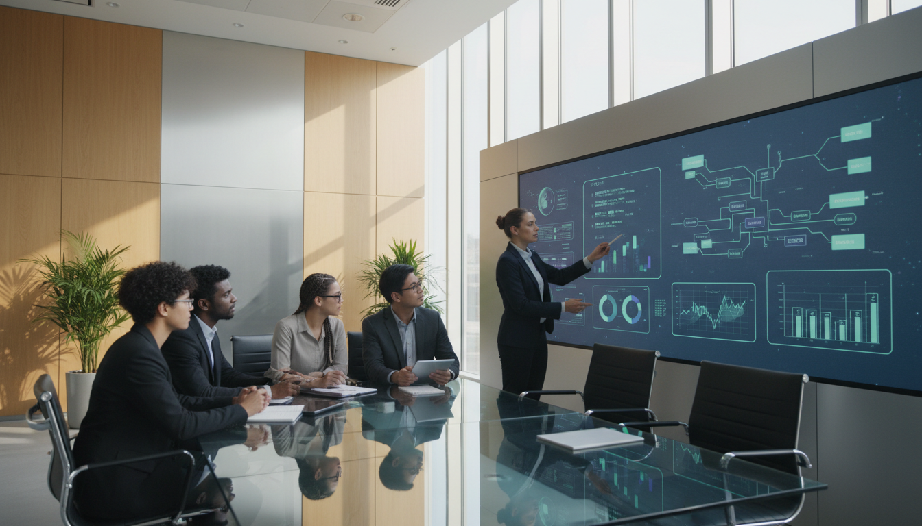 Liverpool business team reviewing a cybersecurity dashboard in a meeting