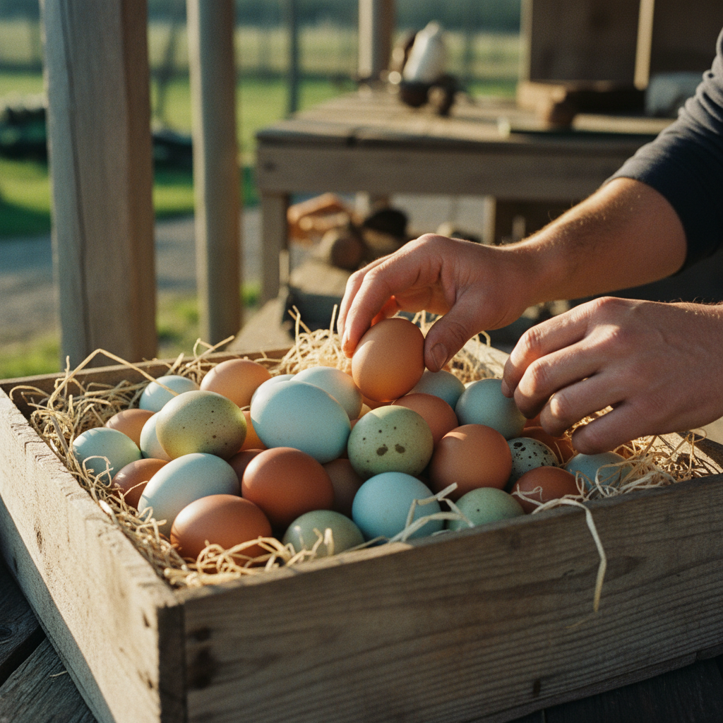 Close-up of colorful farm eggs in wooden crate with farmer's hands, golden hour lighting