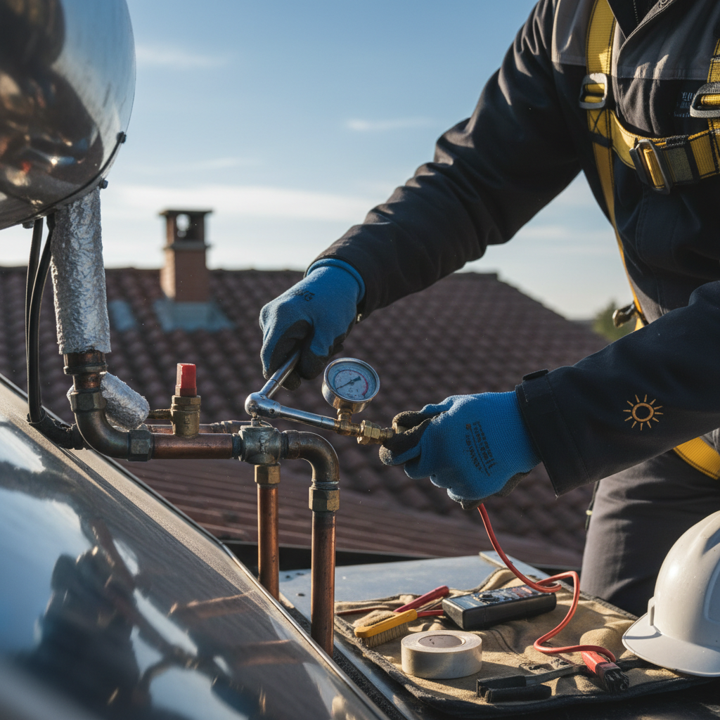 Regular solar panel cleaning ensures you get the most out of Auckland's sunshine. Maintenance worker using pure water and a soft brush to clean solar panels on a residential roof.