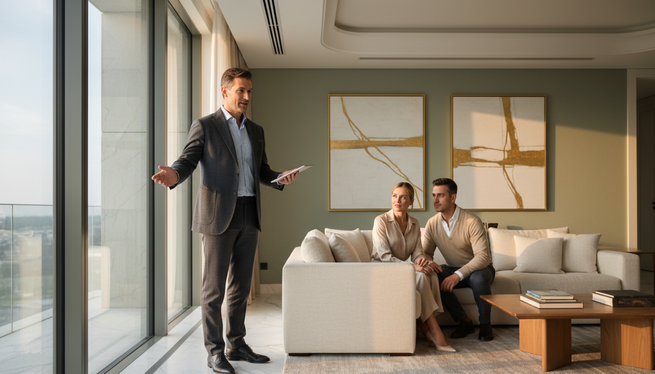 Real estate agent discussing property details with affluent clients in elegant high-end residential living room Real estate agent discussing property details with affluent clients in elegant high-end residential living room