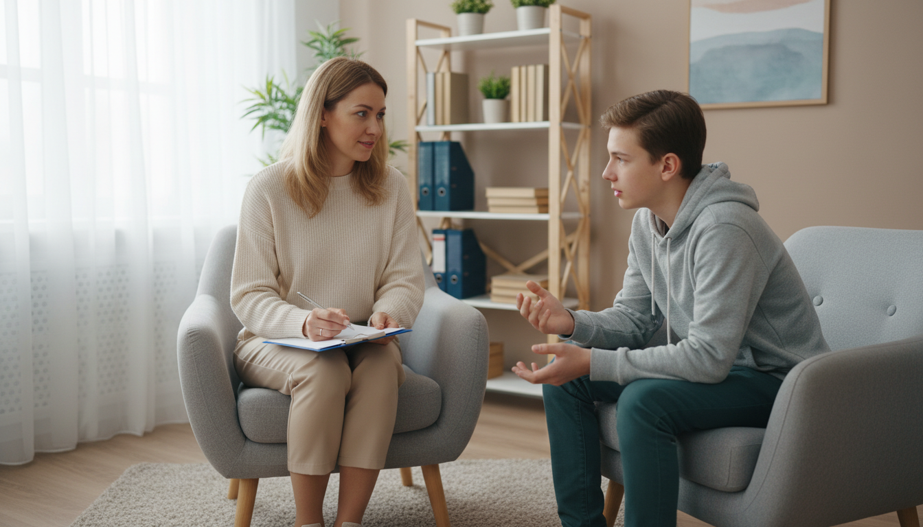 Psychologist conducting one-on-one assessment session with adolescent client in therapeutic office setting