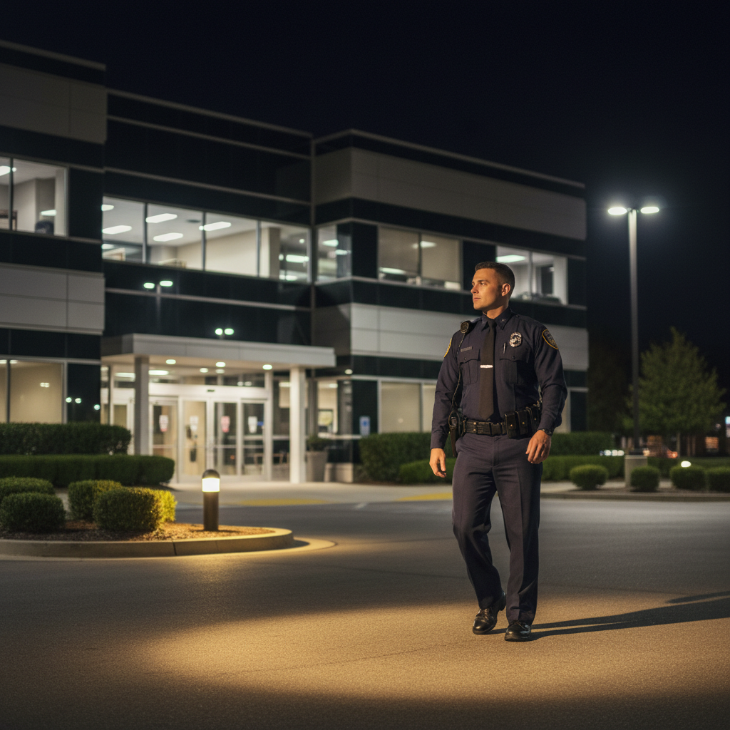 Professional security guard in uniform conducting evening patrol around commercial building parking area with security lighting Professional security guard in uniform conducting evening patrol around commercial building parking area with security lighting