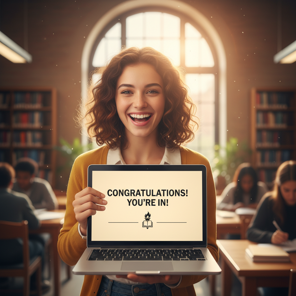 Student displaying genuine joy while reading university acceptance notification on laptop screen