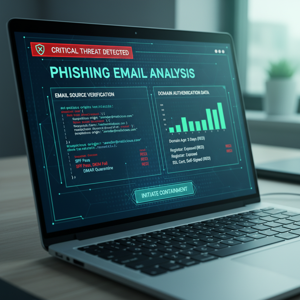 Close-up of laptopaLaptop screen showing a phishing email analysis with flagged sender and domain warnings screen showing advanced threat detection interface with phishing email analysis and authentication data Close-up of laptopaLaptop screen showing a phishing email analysis with flagged sender and domain warnings screen showing advanced threat detection interface with phishing email analysis and authentication data