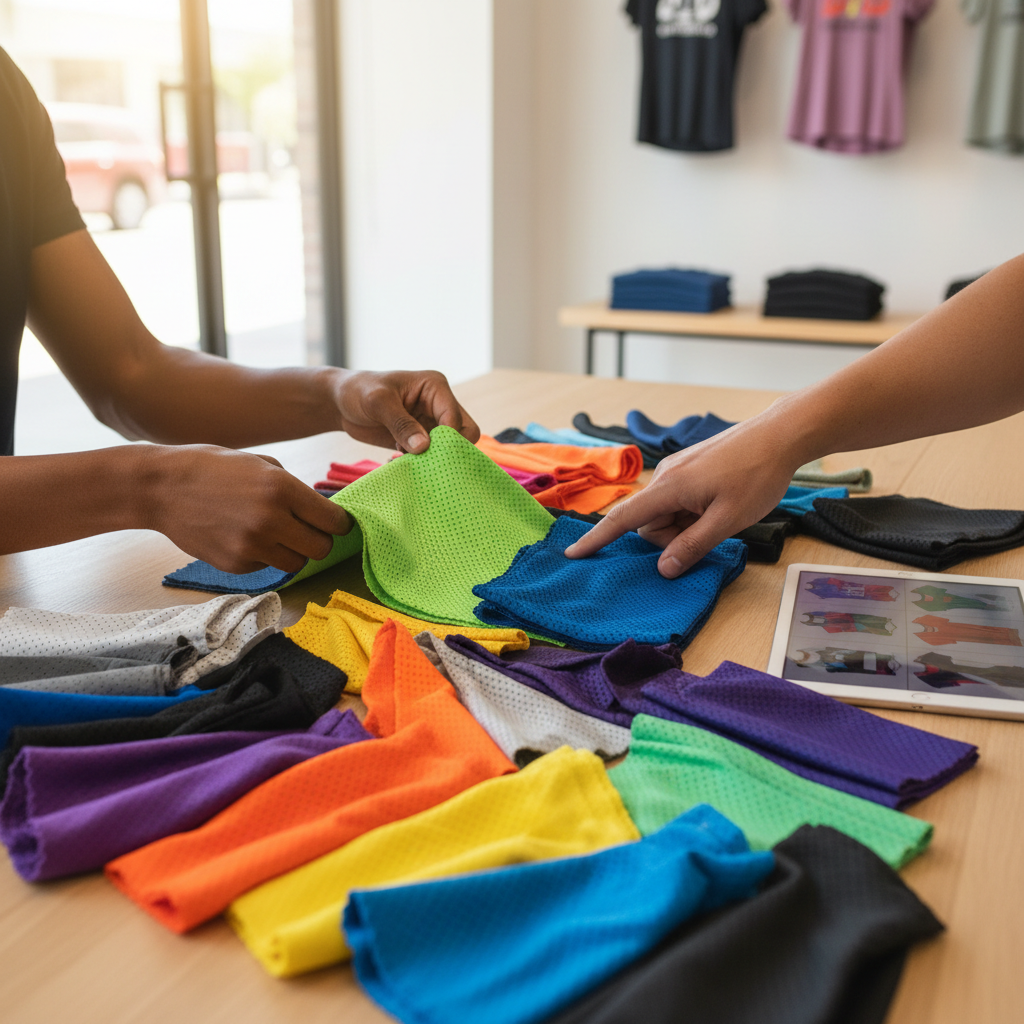 Customer hands examining colorful athletic fabric swatches with design tablet during jersey customization consultation Customer hands examining colorful athletic fabric swatches with design tablet during jersey customization consultation