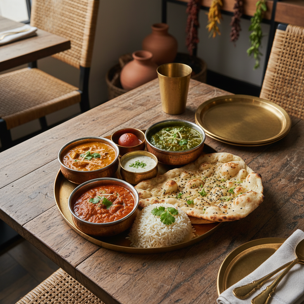 Traditional Indian thali with vibrant curries, naan bread, and rice arranged on rustic wooden table under natural light
