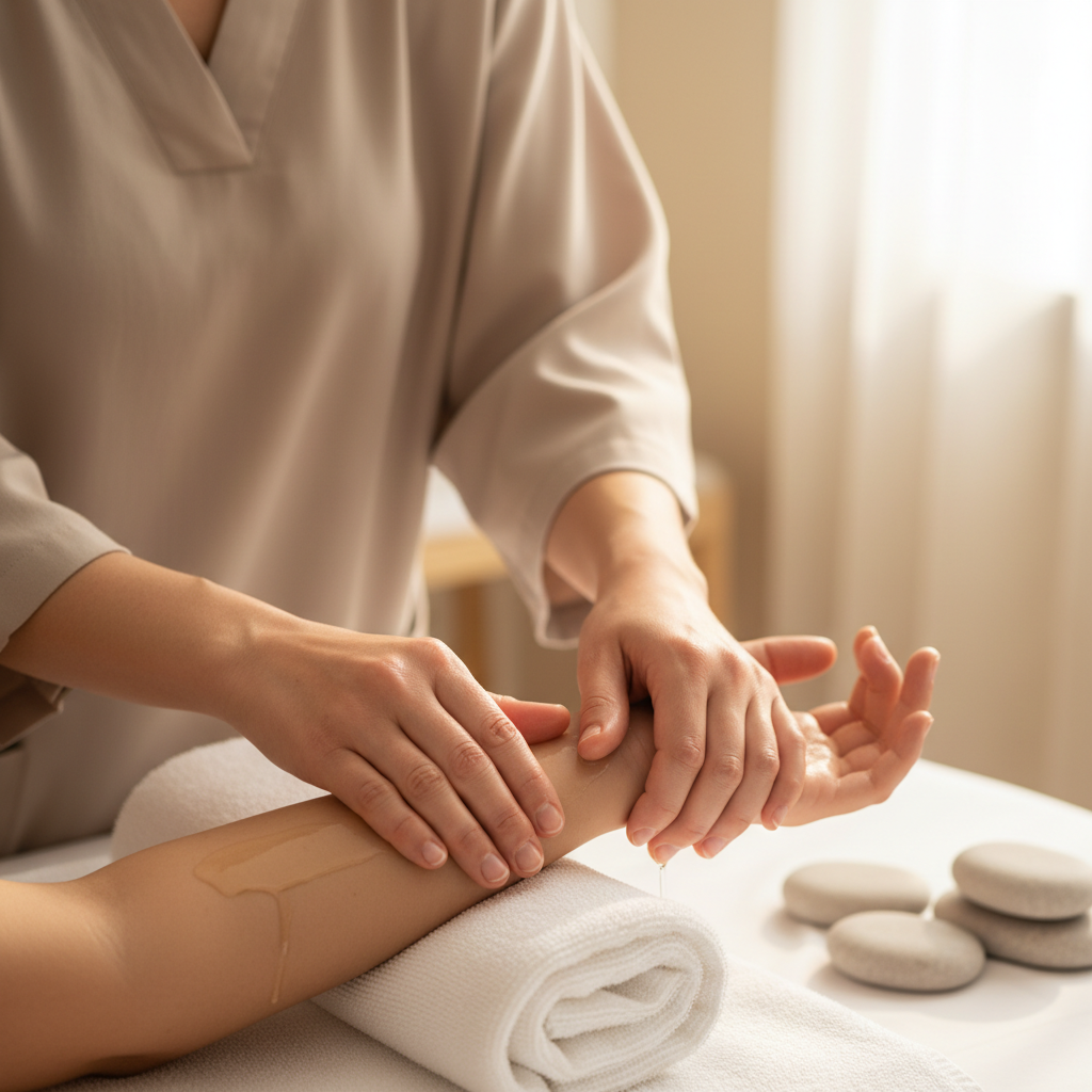 Massage therapist's hands applying warmed oil to client's arm in tranquil, minimalist spa environment Massage therapist's hands applying warmed oil to client's arm in tranquil, minimalist spa environment