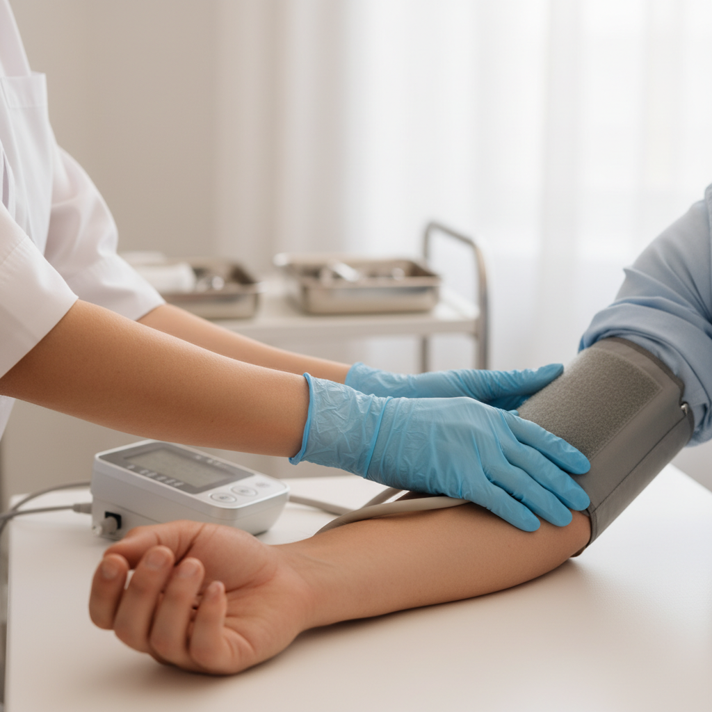 Healthcare provider measuring patient's blood pressure with digital cuff in bright examination room
