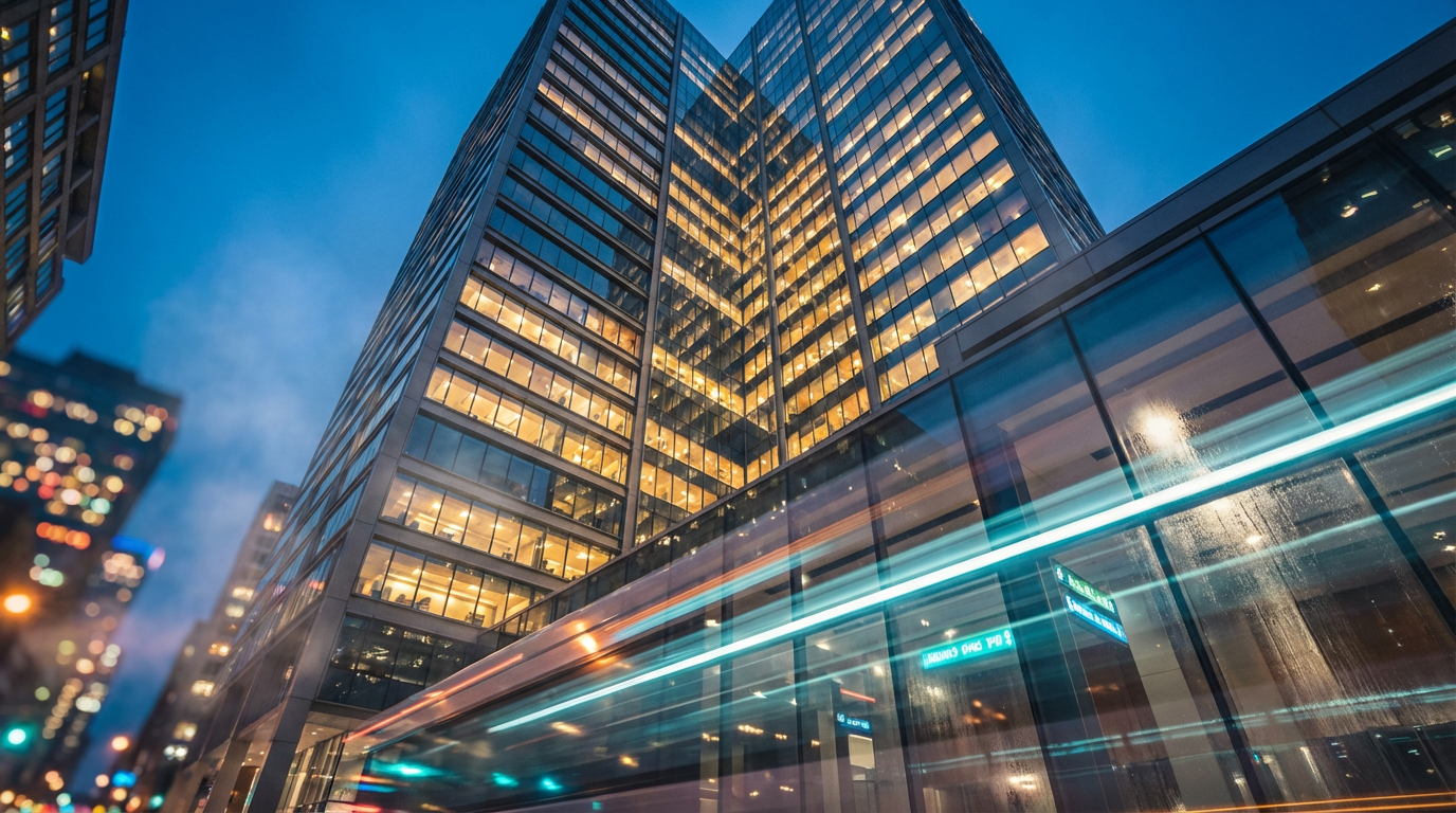 In NYC, the most significant transactions often begin in private lobbies, far from public listing sites. A sleek, private glass-and-steel lobby of a Manhattan office tower at dusk, reflecting exclusivity.