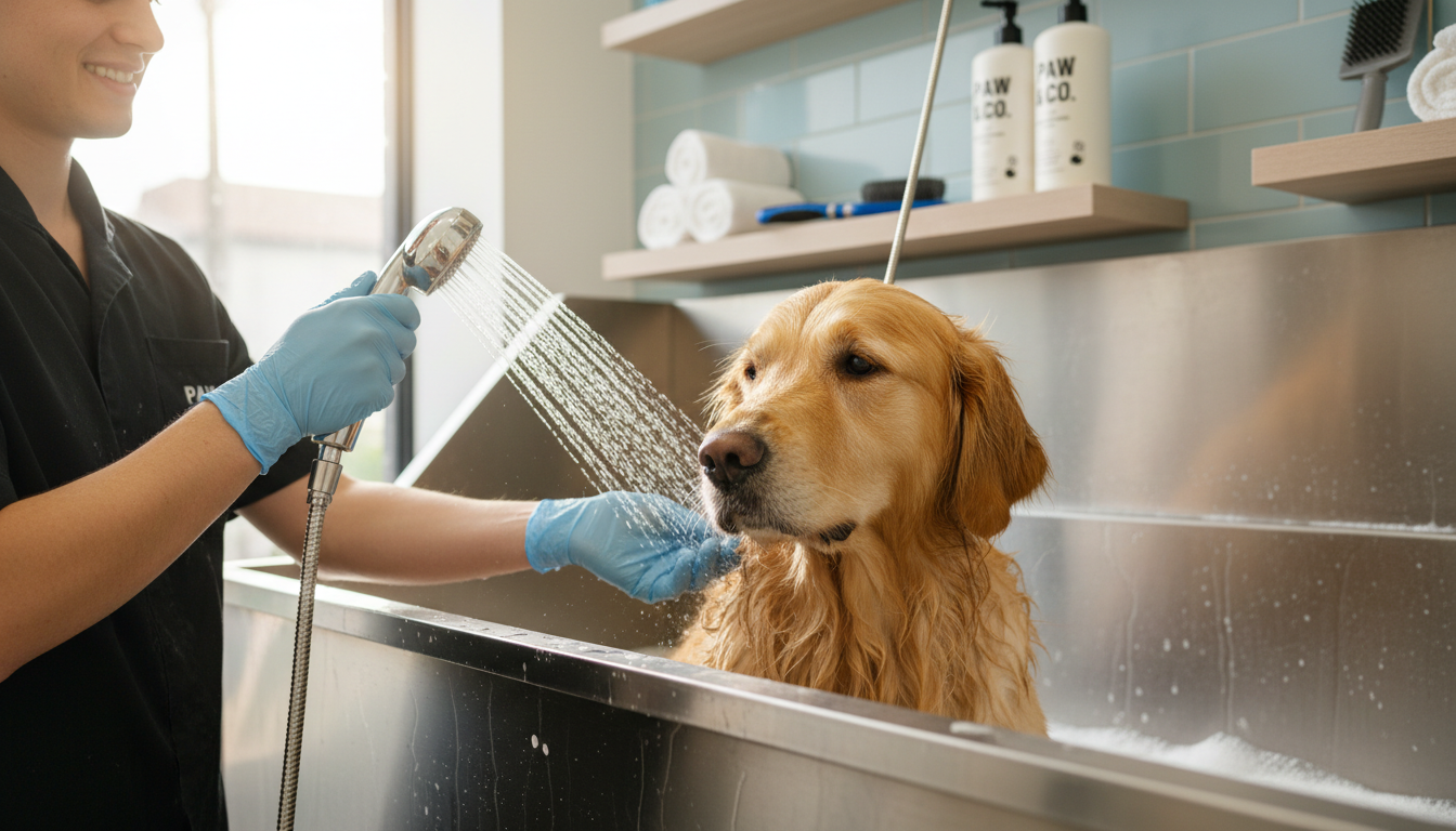 Groomer's hands gently bathing golden retriever in grooming tub with natural window light, calm spa-like grooming environment