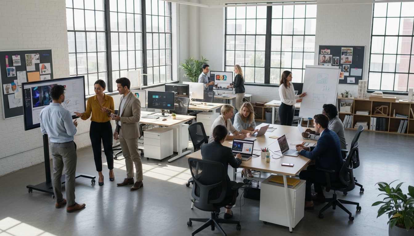 Diverse creative team collaborating in modern agency office with video screens, analytics displays, and natural lighting from windows