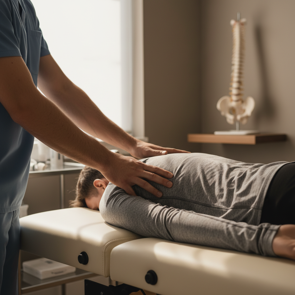 Chiropractor performing spinal adjustment on patient during treatment session in clinical room Chiropractor performing spinal adjustment on patient during treatment session in clinical room