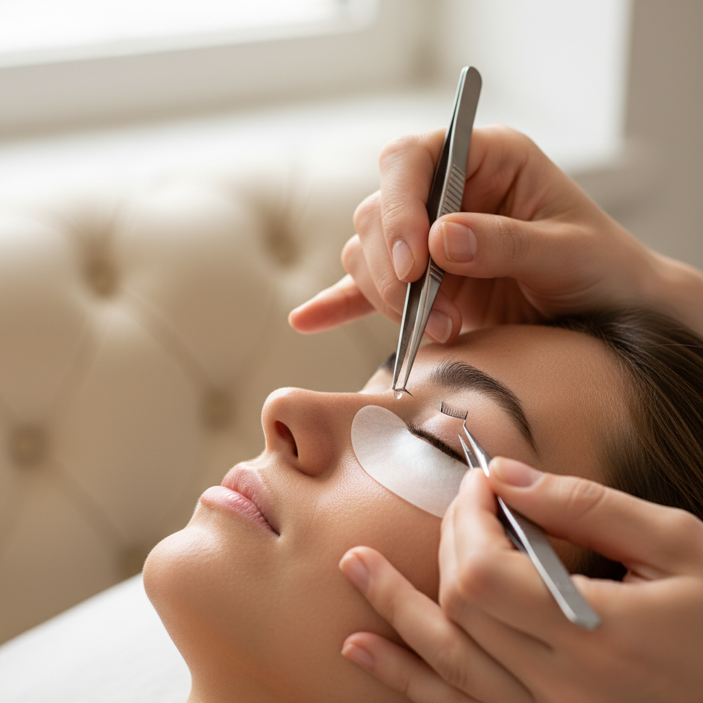 Beauty technician's hands carefully applying individual eyelash extensions with precision tweezers in soft natural light Beauty technician's hands carefully applying individual eyelash extensions with precision tweezers in soft natural light