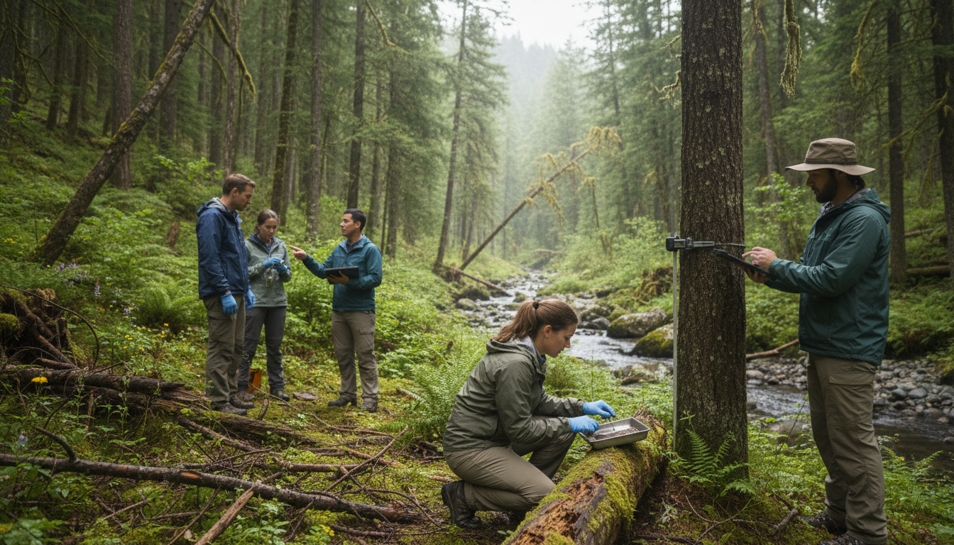 Environmental scientists collecting data in forest ecosystem, examining soil and vegetation samples in natural woodland setting
