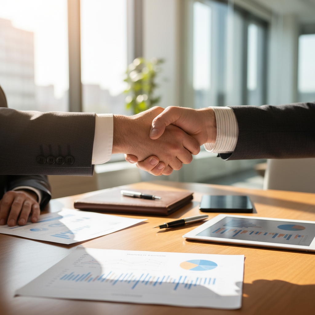 Two professionals shaking hands across conference table with financial documents and afternoon light