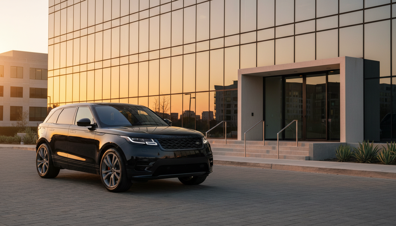 Il transfer privato assicura un arrivo coordinato e discreto presso i migliori club della città. SUV nero di lusso parcheggiato fuori da un nightclub di Barcellona con autista privato che apre la portiera.