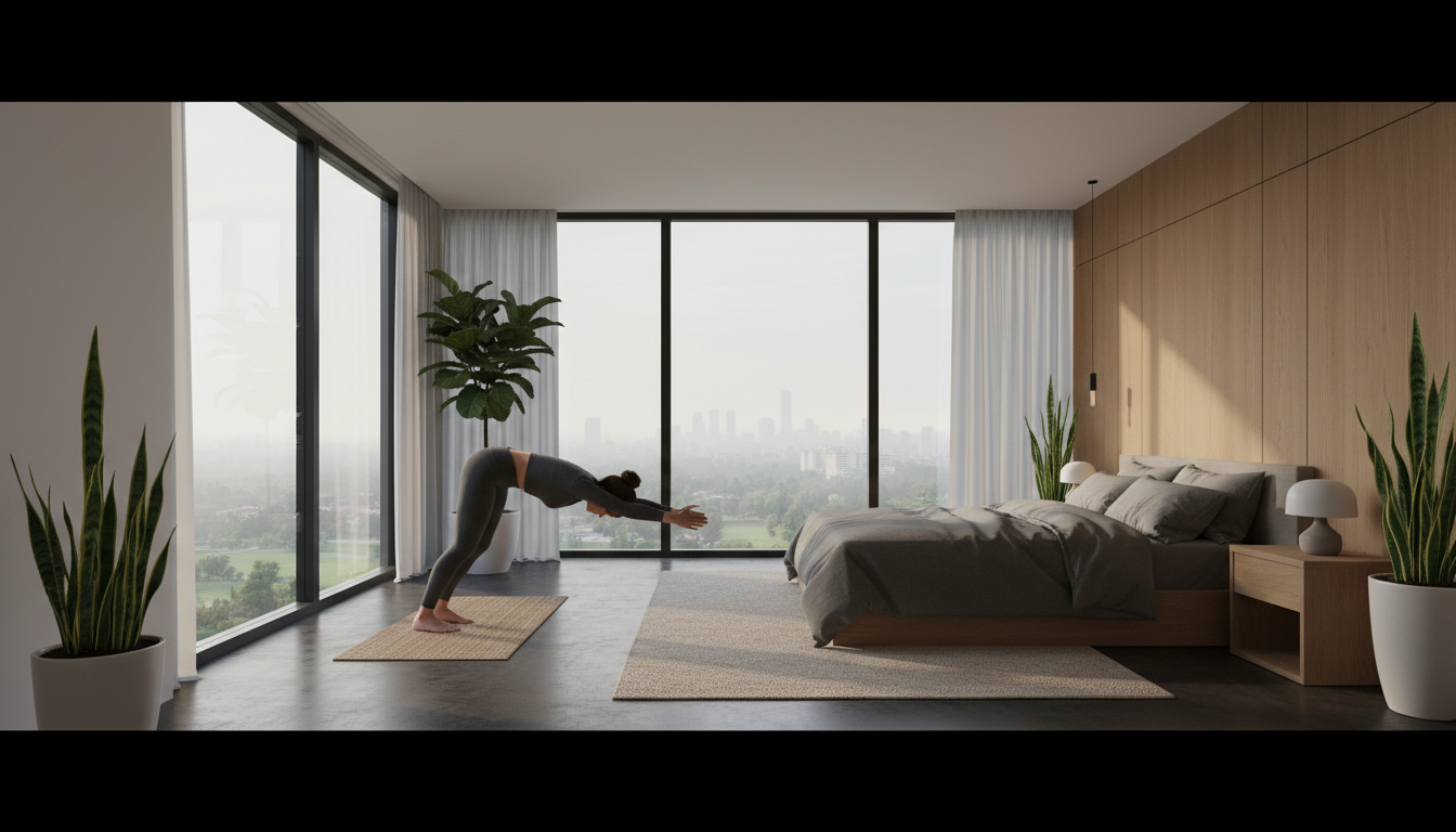 Person practicing yoga stretching in bright minimalist bedroom with large windows, demonstrating early morning fitness habit
