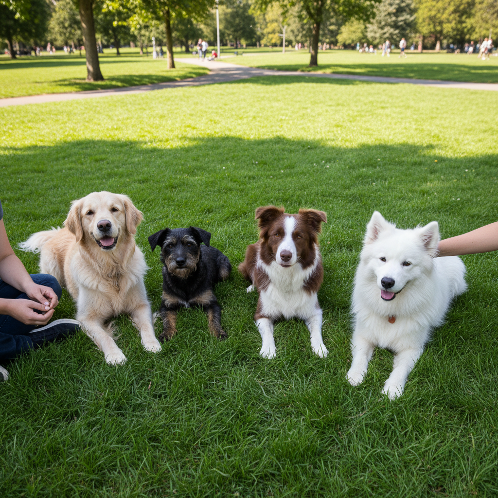 Group classes provide short bursts of training interspersed with vital rest periods. A group of different puppy breeds sitting in a row in a sunlit park, looking alert and relaxed during class.