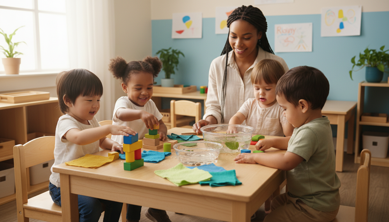 Toddlers engaged in sensory play with wooden materials at activity table, supervised by educator in bright classroom