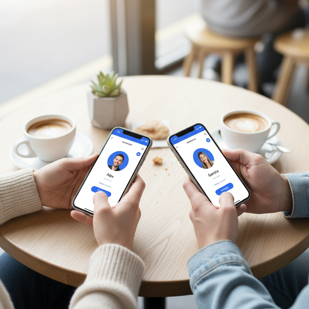 The EZdate process is designed to be quick and efficient, moving you from screen to scene. A person using a smartphone to browse dating profiles while sitting in a modern coffee shop.