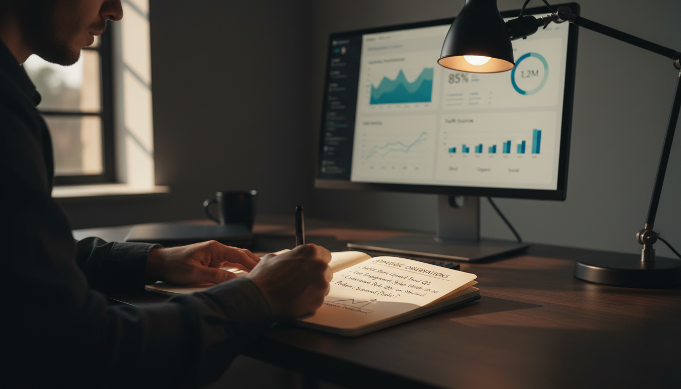 The transition starts with a blank page and a new perspective on leadership. A clean desk with an open notebook, a pen, and natural light coming from a window.