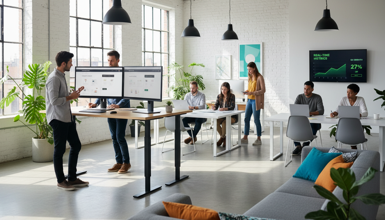 Digital marketing team collaborating at standing desks with performance analytics on monitors in bright modern agency office