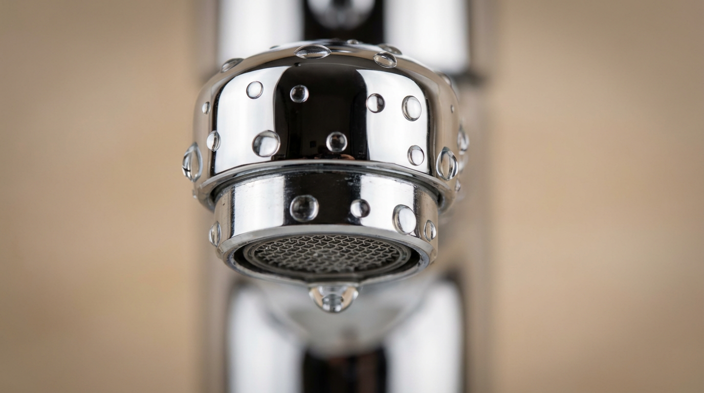 Macro closeup of chrome faucet with water droplets reflecting studio light