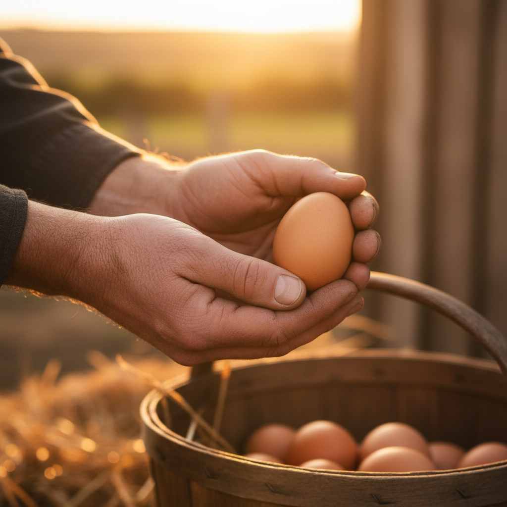 Farmer's hands holding fresh brown egg in golden sunset light, rustic wooden basket backdrop Farmer's hands holding fresh brown egg in golden sunset light, rustic wooden basket backdrop