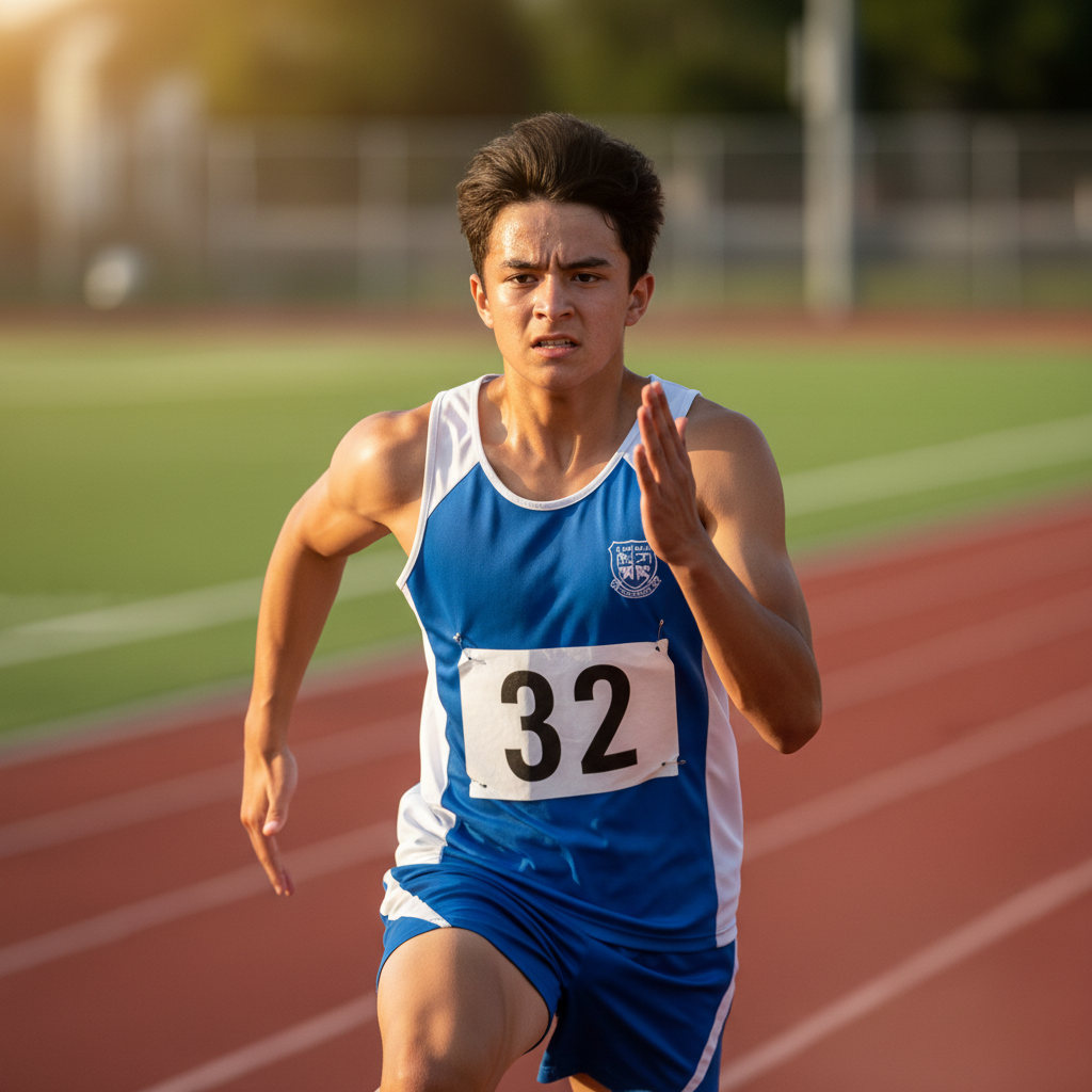 Student athlete in school sports uniform sprinting on track during athletic training session with focused intensity Student athlete in school sports uniform sprinting on track during athletic training session with focused intensity