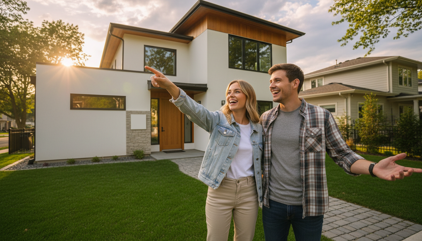 Young couple standing in front of suburban house exterior, pointing and discussing property together in morning light