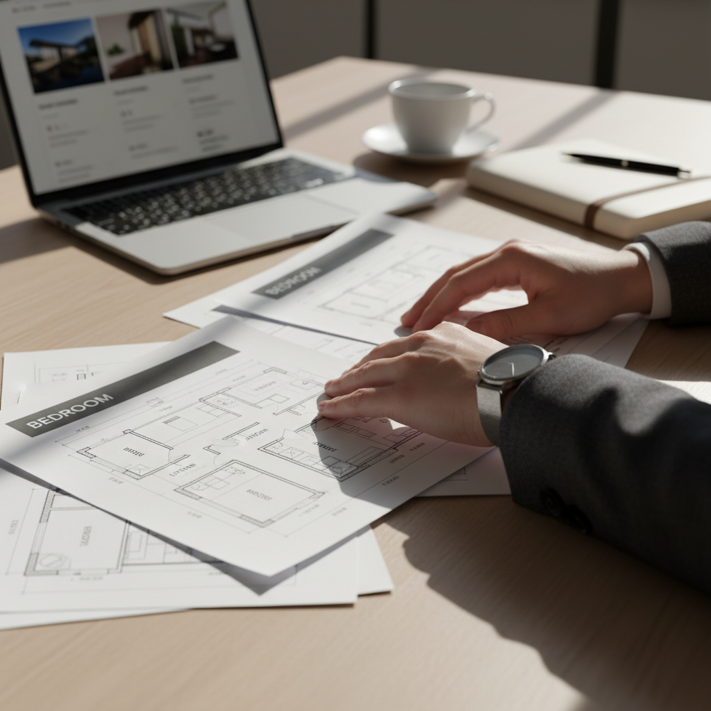 Verifying project details on the official portal ensures the builder's claims match the legal filings. Real estate professional in a Bengaluru office reviewing property listings and maps under natural light.