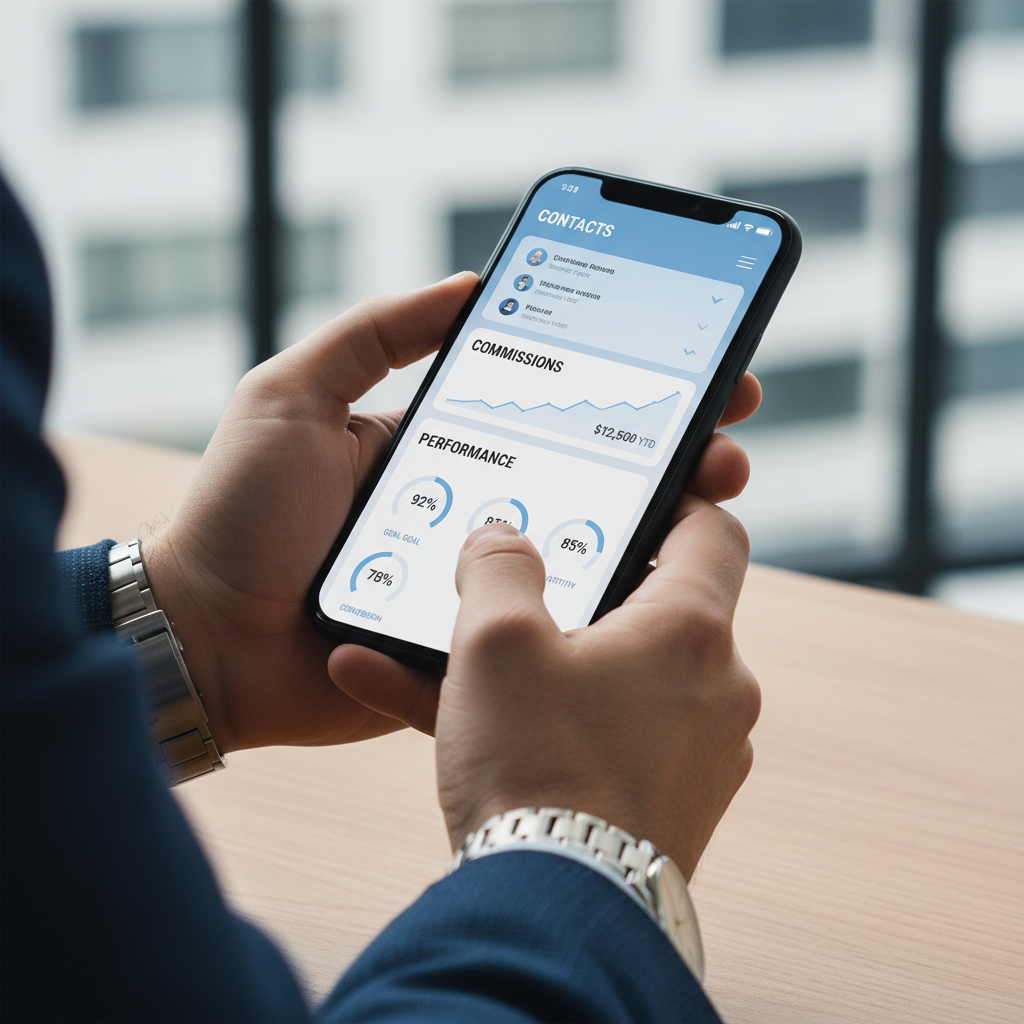 Custom agents can bring CRM data directly into the Copilot chat experience. A smartphone screen showing a CRM interface held in a hand within a modern office.